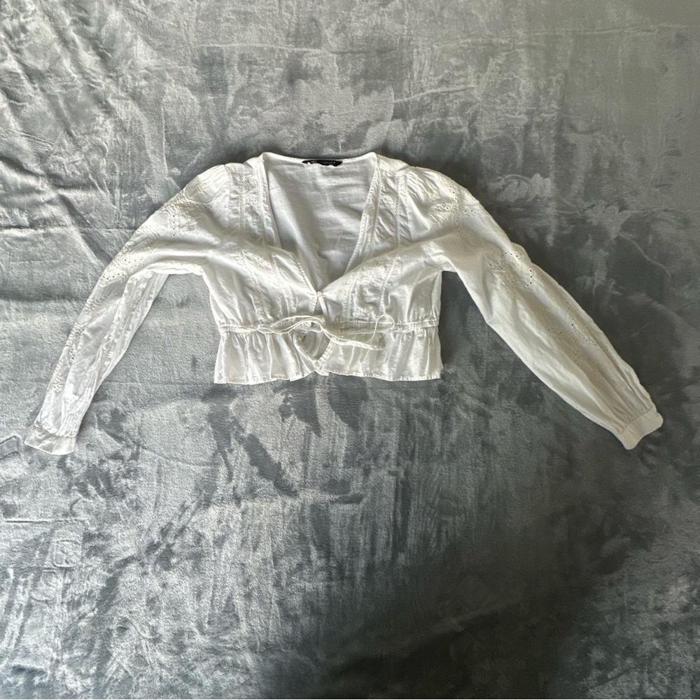 Zara Women’s Medium White Cotton Peplum Blouse Eyelet Lace Boho Top